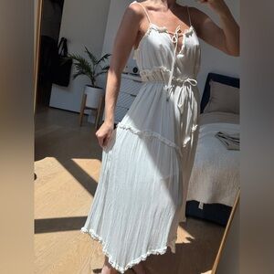 White Pleated Long Sleeve Sundress with Tie Front